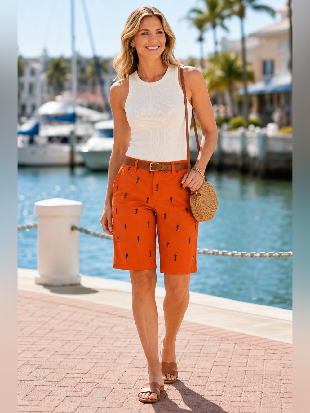 Merona Womens Shorts Size 4 Orange Seahorse Print Chino Flat Front Nautical - Picture 3 of 7